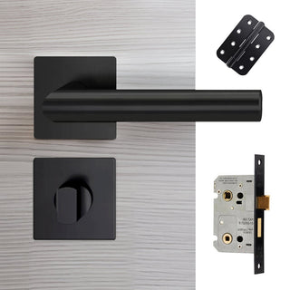 Image: Orlando Door Lever Bathroom Handle Pack - 3 Radius Cornered Hinges - Matt Black