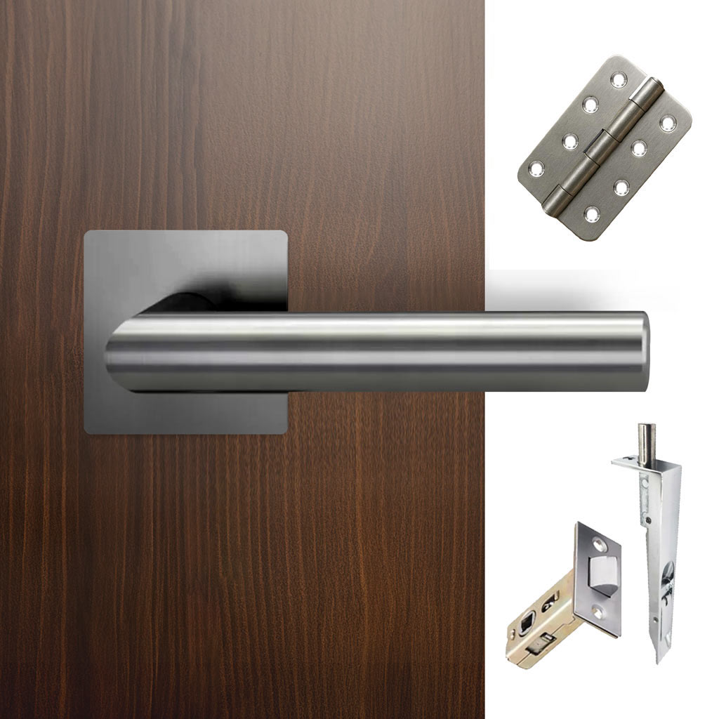 Orlando Double Door Lever Handle Pack - 8 Radius Cornered Hinges - Satin Stainless Steel - Combo Handle and Accessory Pack