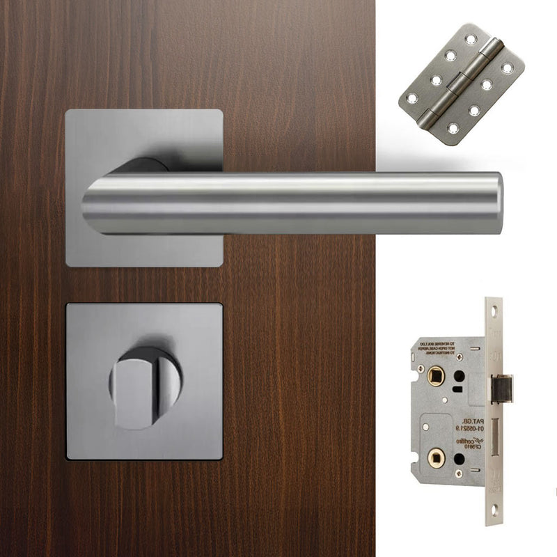 Orlando Door Lever Bathroom Handle Pack - 4 Radius Cornered Hinges - Satin Stainless Steel
