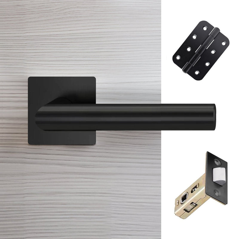 Orlando Door Lever Handle Pack - 4 Radius Cornered Hinges - Matt Black