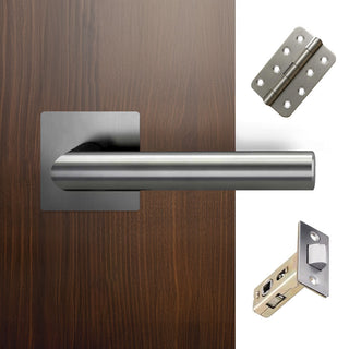 Image: Orlando Door Lever Handle Pack - 3 Radius Cornered Hinges - Satin Stainless Steel