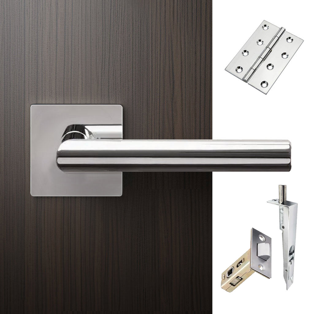 Orlando Double Door Lever Handle Pack - 6 Square Hinges - Polished Stainless Steel - Combo Handle and Accessory Pack