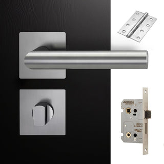 Image: Orlando Door Lever Bathroom Handle Pack - 3 Square Hinges - Satin Stainless Steel