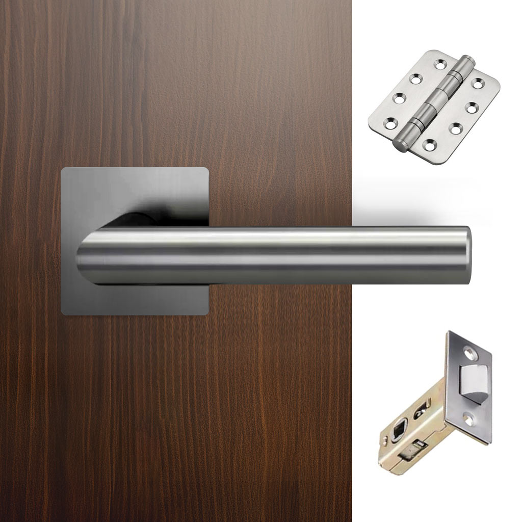 Orlando Door Lever Handle Pack - 4 Radius Cornered Hinges - Satin Stainless Steel