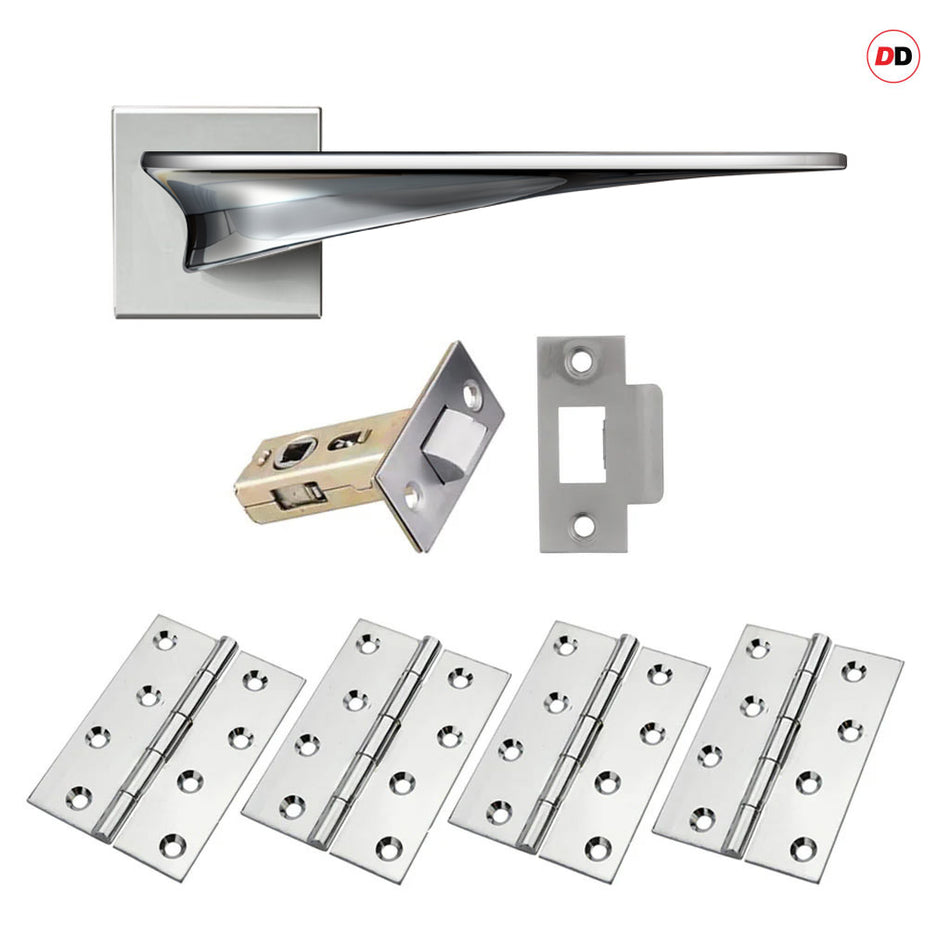 Zenith Door Lever Handle Pack - 4 Square Hinges - Polished Chrome Finish