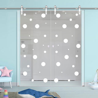 Image: Double Glass Sliding Door - Solaris Tubular Stainless Steel Sliding Track & Polka Dot 8mm Clear Glass - Obscure Printed Design
