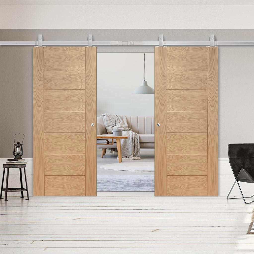 Top Mounted Stainless Steel Sliding Track & Double Door - Palermo Essential Oak Doors - Unfinished