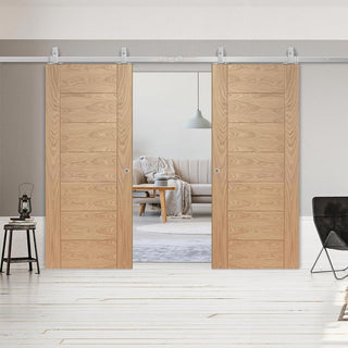 Image: Top Mounted Stainless Steel Sliding Track & Double Door - Palermo Essential Oak Doors - Unfinished