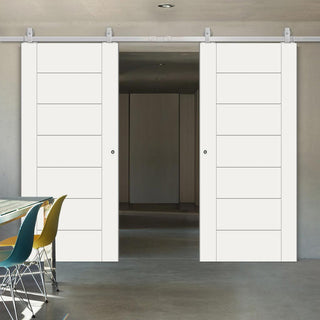 Image: Top Mounted Stainless Steel Sliding Track & Double Door - Palermo Flush Doors - White Primed