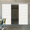 Top Mounted Stainless Steel Sliding Track & Double Door - Palermo Flush Doors - White Primed