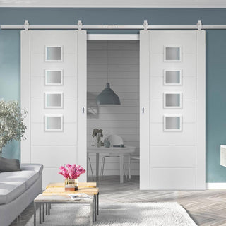 Image: Top Mounted Stainless Steel Sliding Track & Double Door - Palermo Doors - Obscure Glass - White Primed