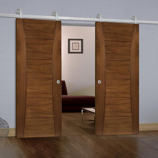 Image: Top Mounted Stainless Steel Sliding Track & Pamplona Prefinished Walnut Double Door