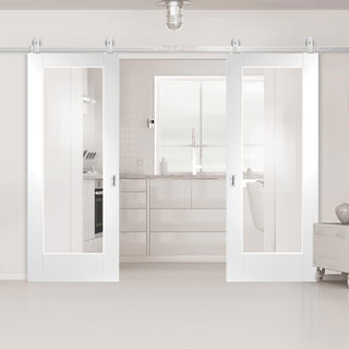 Image: Top Mounted Stainless Steel Sliding Track & Double Door - Pattern 10 1 Pane Doors - Clear Glass - White Primed