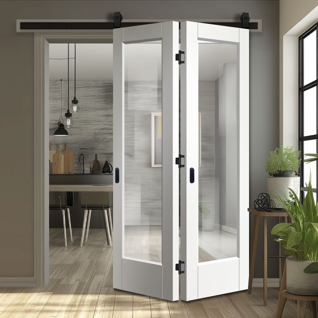 SpaceEasi Top Mounted Black Folding Track & Double Door - Pattern 10 1 Pane Door - Clear Glass - White Primed