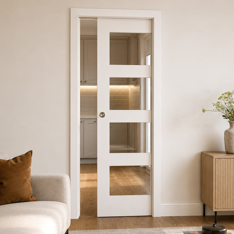 Coventry Shaker Single Evokit Pocket Door - Clear Glass - White Primed