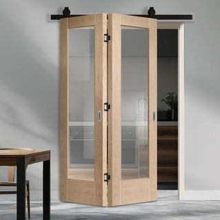 Image: SpaceEasi Top Mounted Black Folding Track & Double Door - Pattern 10 Oak Door - Clear Glass - Prefinished