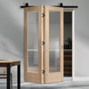 SpaceEasi Top Mounted Black Folding Track & Double Door - Pattern 10 Oak Door - Clear Glass - Prefinished