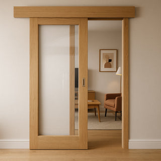 Image: Bespoke Thruslide Surface Full Pane Oak Door - Clear Glass - Sliding Door and Track Kit - Prefinished