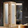 SpaceEasi Top Mounted Black Folding Track & Double Door - Pattern 10 Shaker Oak Door - Obscure Glass - Prefinished