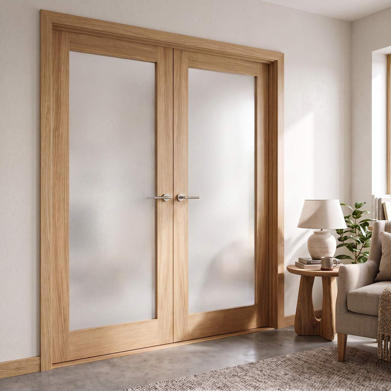 Pattern 10 Oak Internal Door Pair - Full Pane Frosted Glass