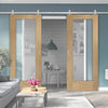 Top Mounted Stainless Steel Sliding Track & Double Door - Pattern 10 Oak Doors - Clear Glass - Prefinished