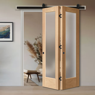 Image: SpaceEasi Top Mounted Black Folding Track & Double Door - Pattern 10 1 Pane Shaker Oak Door - Obscure Glass - Unfinished