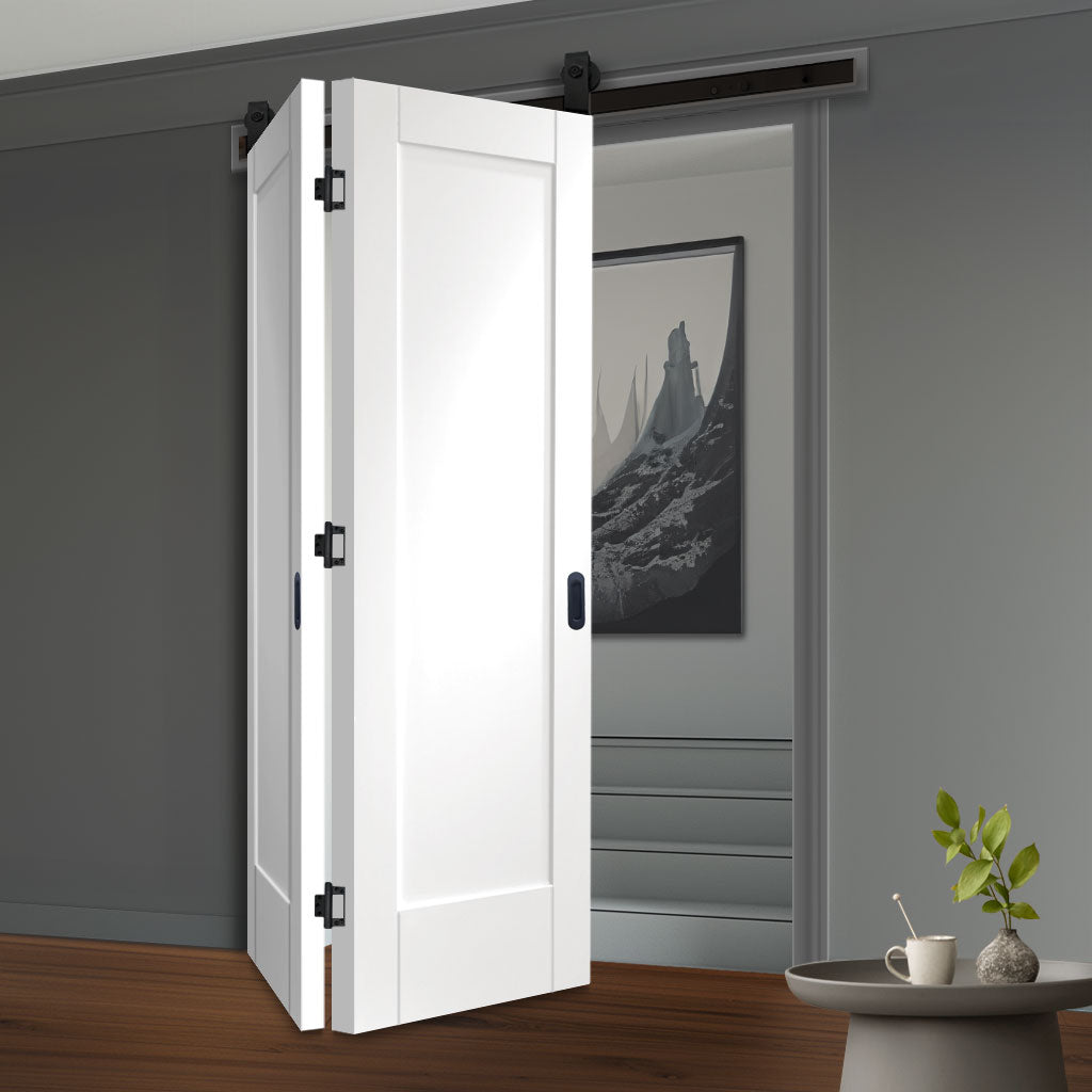 SpaceEasi Top Mounted Black Folding Track & Double Door - Pattern 10 Oak 1 Panel Door - Prefinished