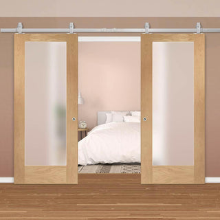 Image: Top Mounted Stainless Steel Sliding Track & Double Door - Pattern 10 Shaker Oak Doors - Obscure Glass - Prefinished