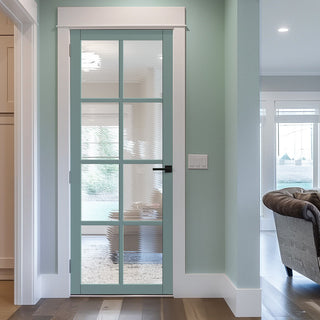 Image: Perth 8 Pane Solid Wood Internal Door UK Made DD6318 - Clear Reeded Glass - Eco-Urban® Sage Sky Premium Primed