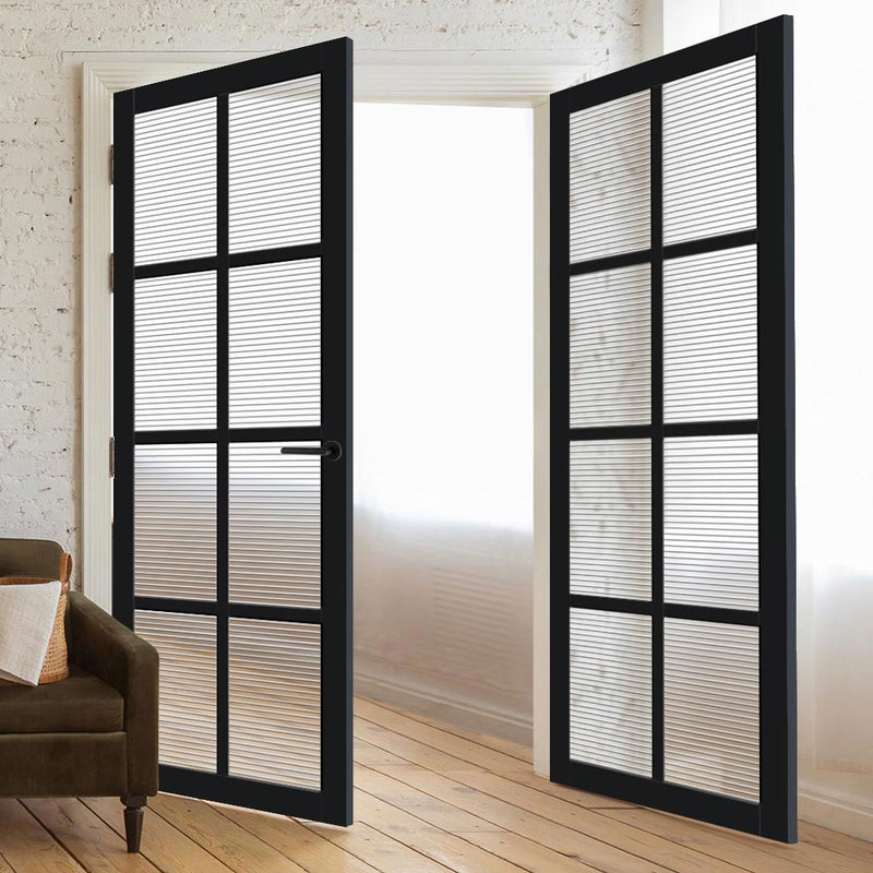 Perth 8 Pane Solid Wood Internal Door Pair UK Made DD6318 - Clear Reeded Glass - Eco-Urban® Shadow Black Premium Primed