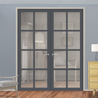 Image: Perth 8 Pane Solid Wood Internal Door Pair UK Made DD6318 - Clear Reeded Glass - Eco-Urban® Stormy Grey Premium Primed