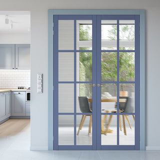Image: Perth 8 Pane Solid Wood Internal Door Pair UK Made DD6318 - Clear Reeded Glass - Eco-Urban® Heather Blue Premium Primed