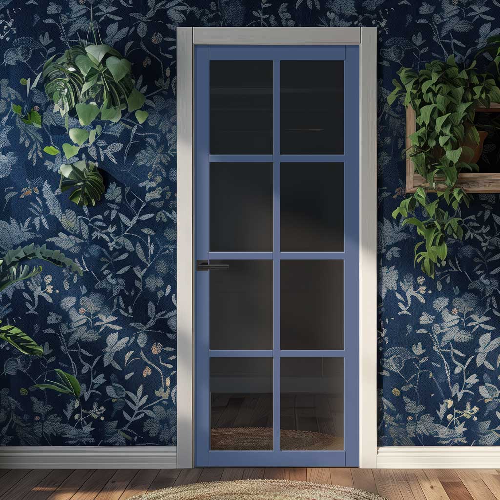 Perth 8 Pane Solid Wood Internal Door UK Made DD6318 - Tinted Glass - Eco-Urban® Heather Blue Premium Primed