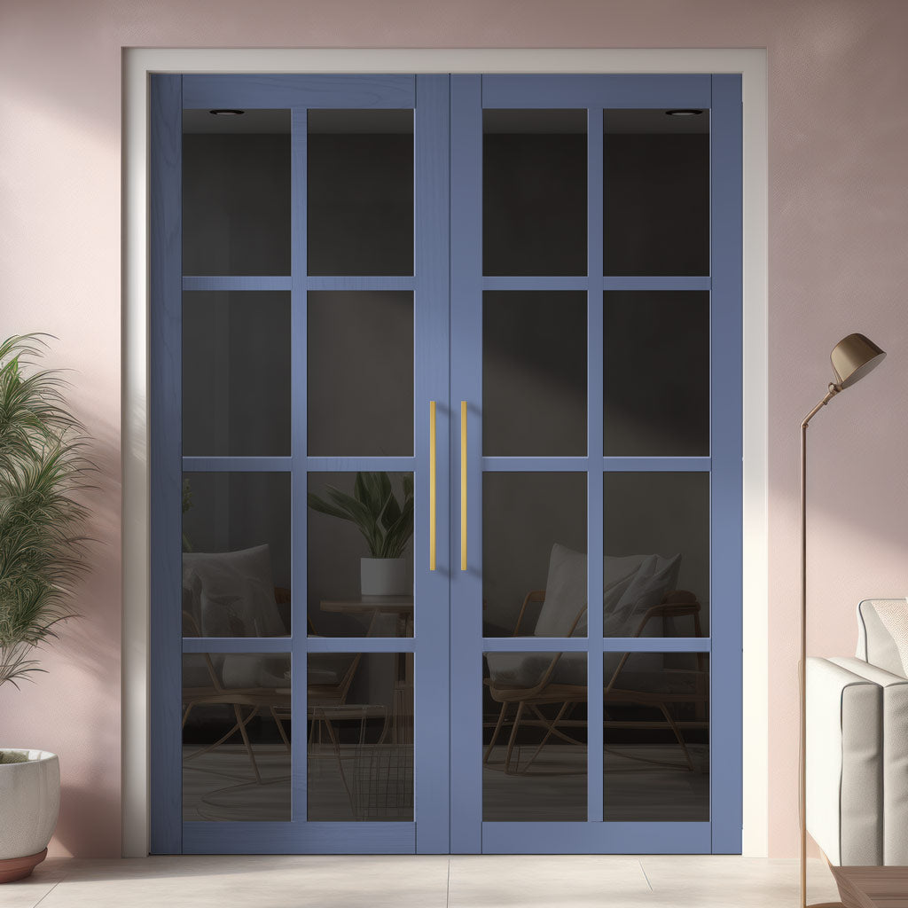 Perth 8 Pane Solid Wood Internal Door Pair UK Made DD6318 - Tinted Glass - Eco-Urban® Heather Blue Premium Primed