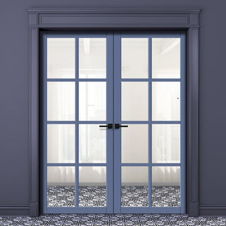 Image: Perth 8 Pane Solid Wood Internal Door Pair UK Made DD6318G - Clear Glass - Eco-Urban® Heather Blue Premium Primed