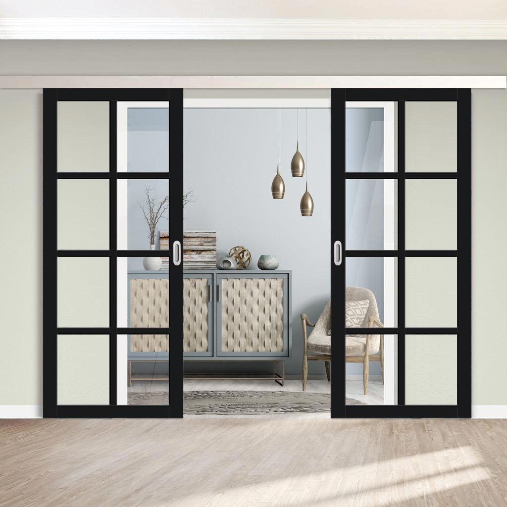 Double Sliding Door & Premium Wall Track - Eco-Urban® Perth 8 Pane Doors DD6318G - Clear Glass - 6 Colour Options