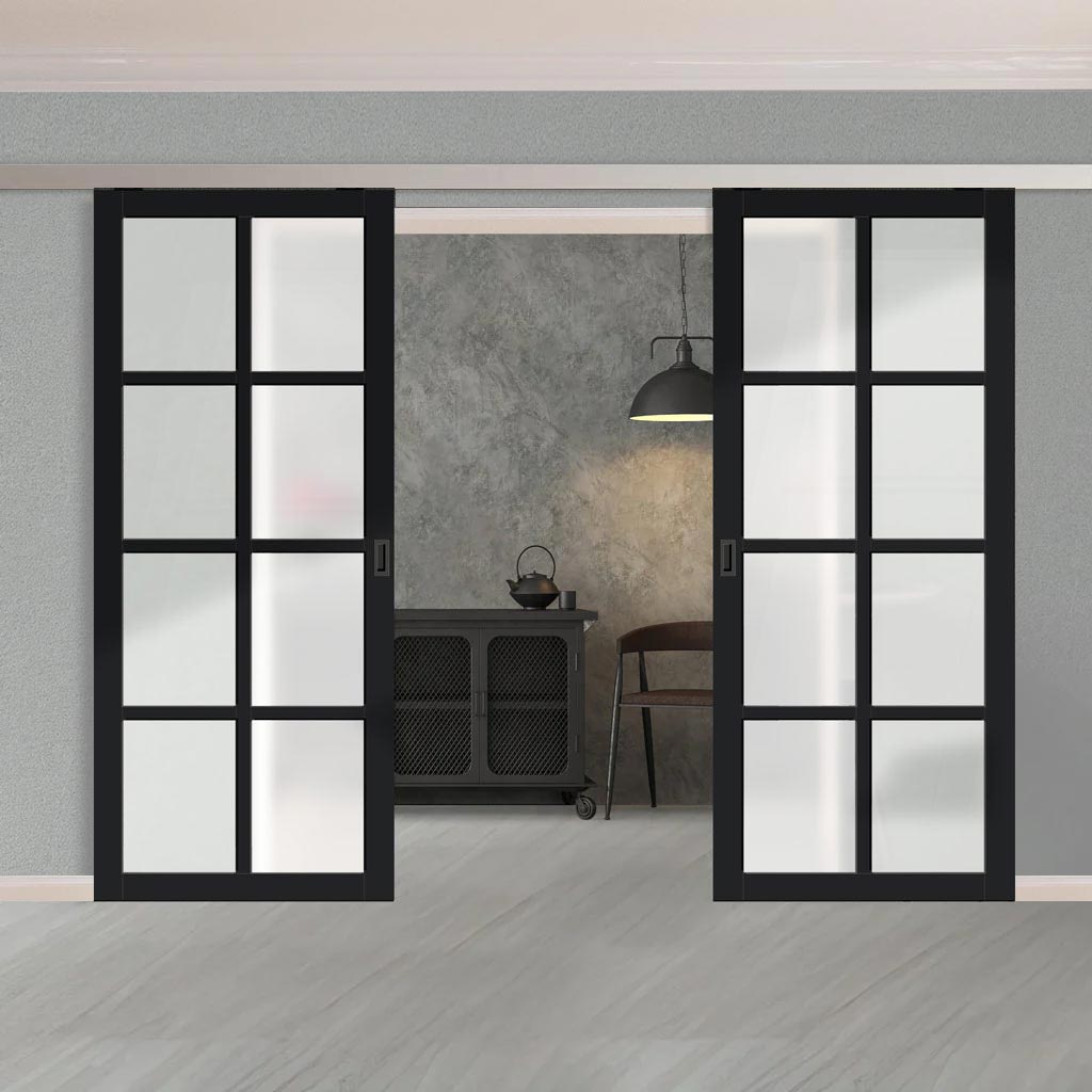 Double Sliding Door & Premium Wall Track - Eco-Urban® Perth 8 Pane Doors DD6318SG - Frosted Glass - 6 Colour Options