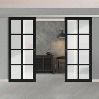 Image: Double Sliding Door & Premium Wall Track - Eco-Urban® Perth 8 Pane Doors DD6318SG - Frosted Glass - 6 Colour Options