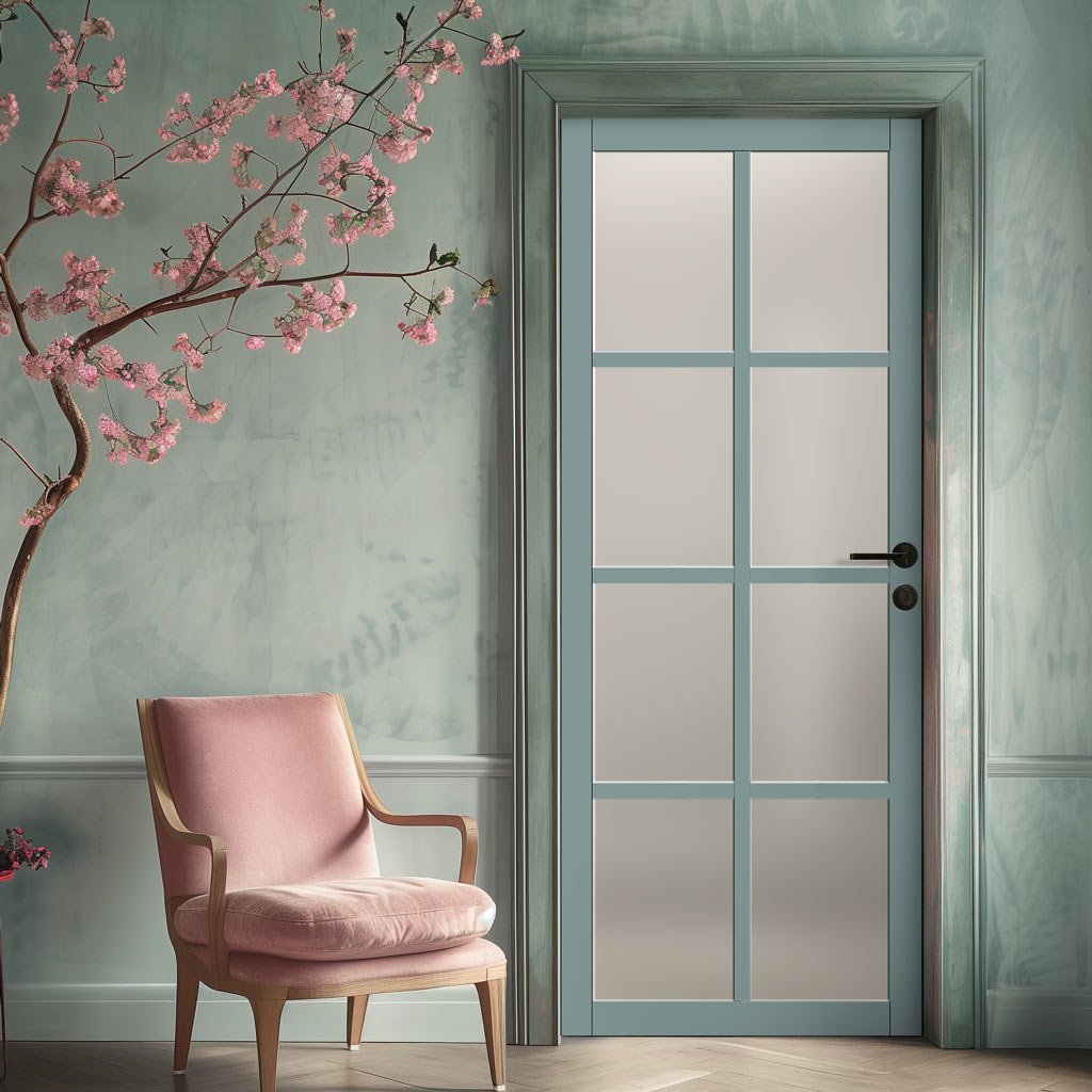 Perth 8 Pane Solid Wood Internal Door UK Made DD6318SG - Frosted Glass - Eco-Urban® Sage Sky Premium Primed