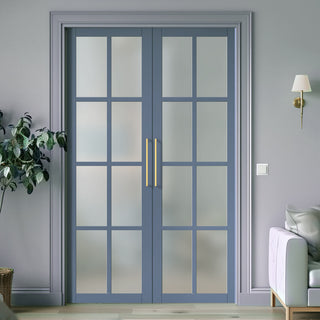 Image: Eco-Urban Perth 8 Pane Solid Wood Internal Door Pair UK Made DD6318SG - Frosted Glass - Eco-Urban® Heather Blue Premium Primed