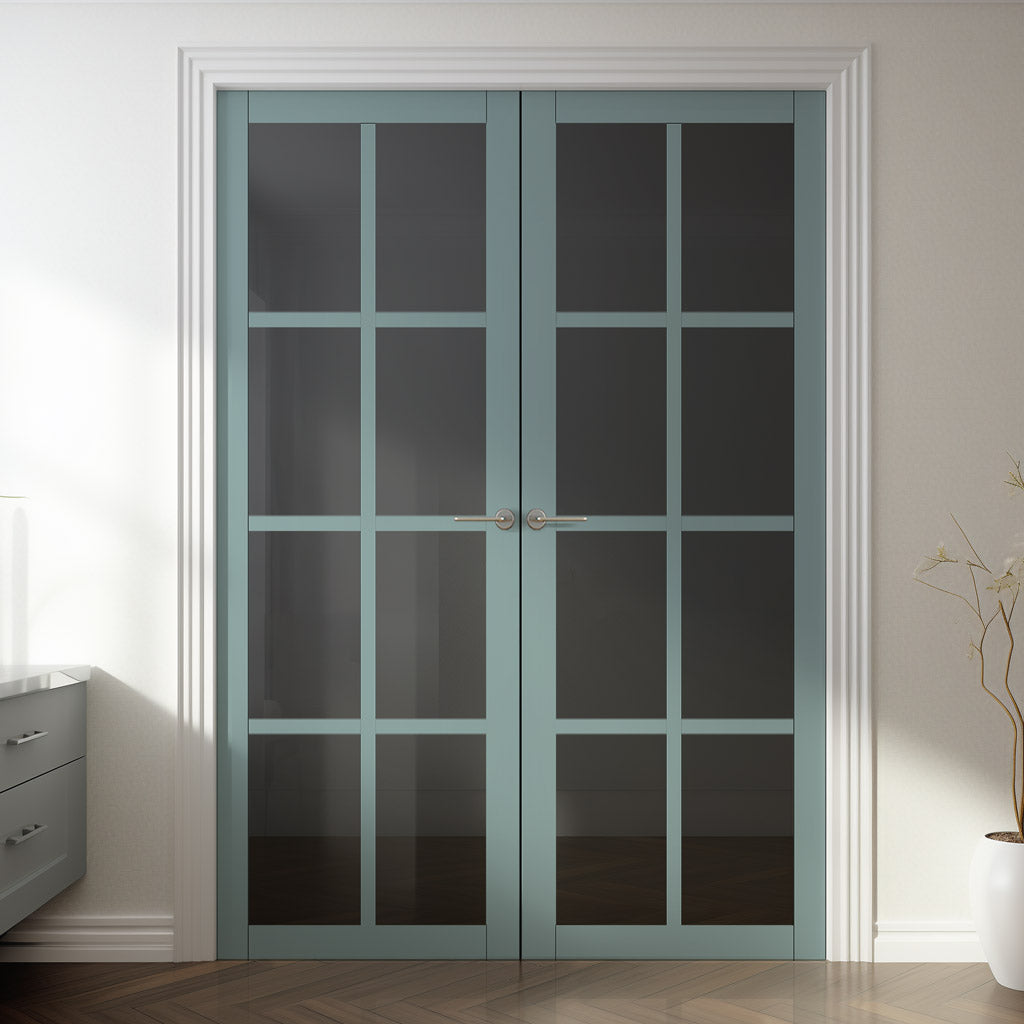 Perth 8 Pane Solid Wood Internal Door Pair UK Made DD6318 - Tinted Glass - Eco-Urban® Sage Sky Premium Primed