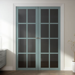 Image: Perth 8 Pane Solid Wood Internal Door Pair UK Made DD6318 - Tinted Glass - Eco-Urban® Sage Sky Premium Primed