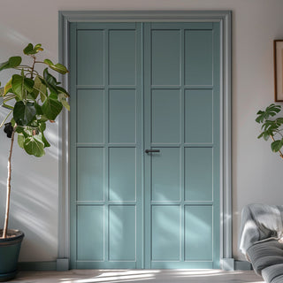 Image: Perth 8 Panel Solid Wood Internal Door Pair UK Made DD6318  - Eco-Urban® Sage Sky Premium Primed