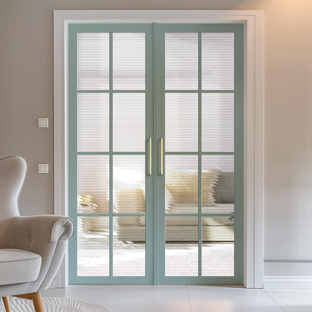 Perth 8 Pane Solid Wood Internal Door Pair UK Made DD6318 - Clear Reeded Glass - Eco-Urban® Sage Sky Premium Primed