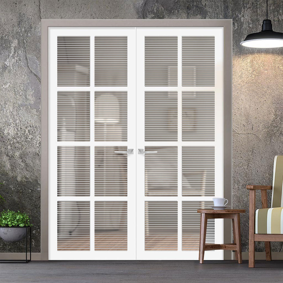 Perth 8 Pane Solid Wood Internal Door Pair UK Made DD6318 - Clear Reeded Glass - Eco-Urban® Cloud White Premium Primed