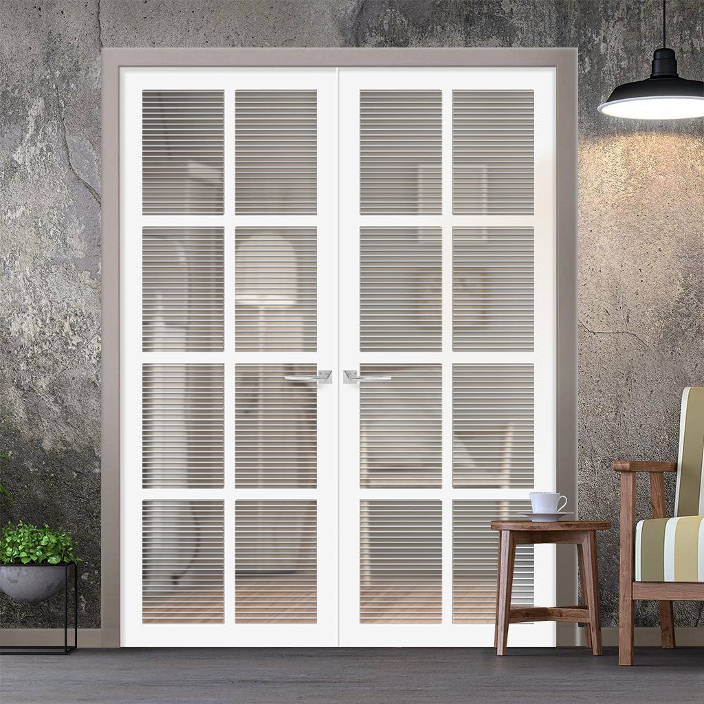 Perth 8 Pane Solid Wood Internal Door Pair UK Made DD6318 - Clear Reeded Glass - Eco-Urban® Cloud White Premium Primed