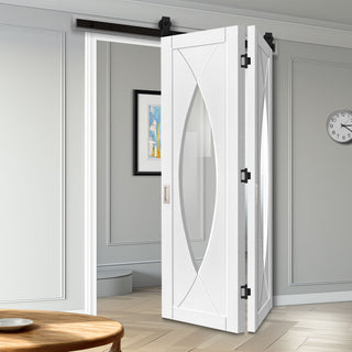 Image: SpaceEasi Top Mounted Black Folding Track & Double Door - Pesaro Flush Door - Clear Glass - White Primed
