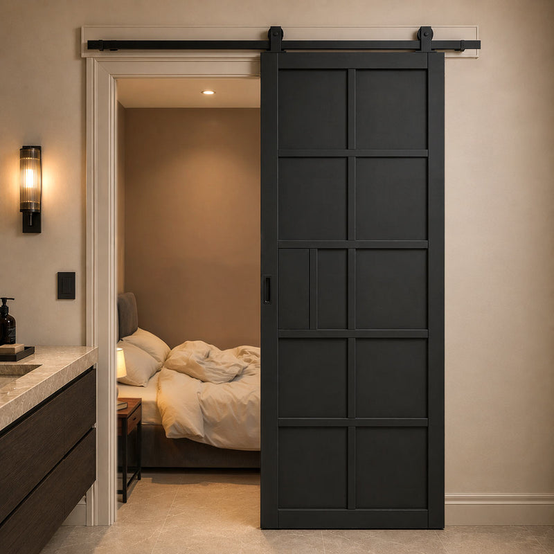 Top Mounted Black Sliding Track & Door - Industrial Plaza Black Internal Door - Prefinished