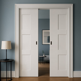 Image: Geo Panelled Double Evokit Pocket Doors - White Primed