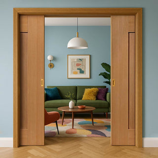 Image: Axis Shaker Oak Double Evokit Pocket Doors - Clear Glass - Prefinished